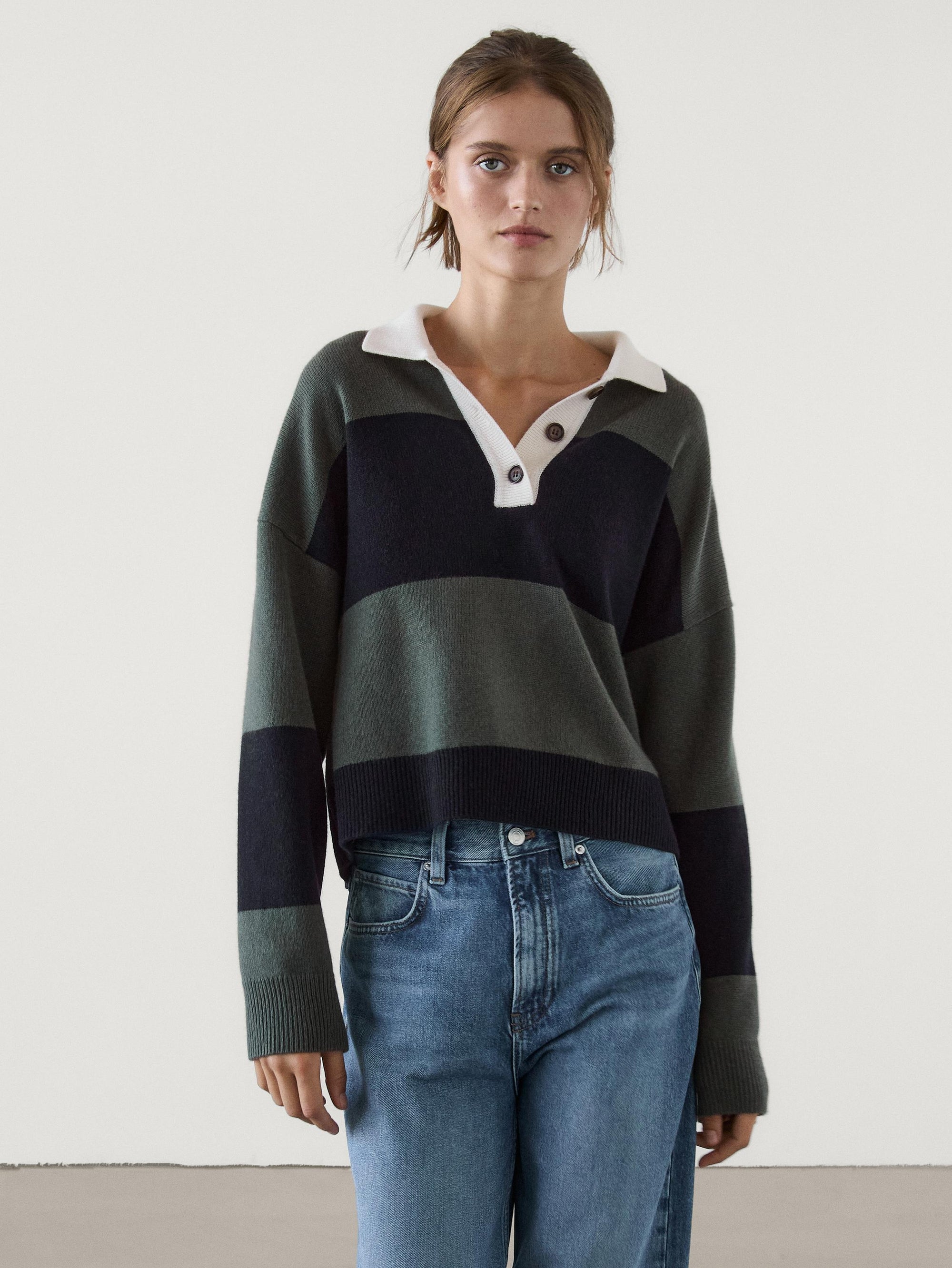 KNIT SWEATER WITH POLO COLLAR AND STRIPES