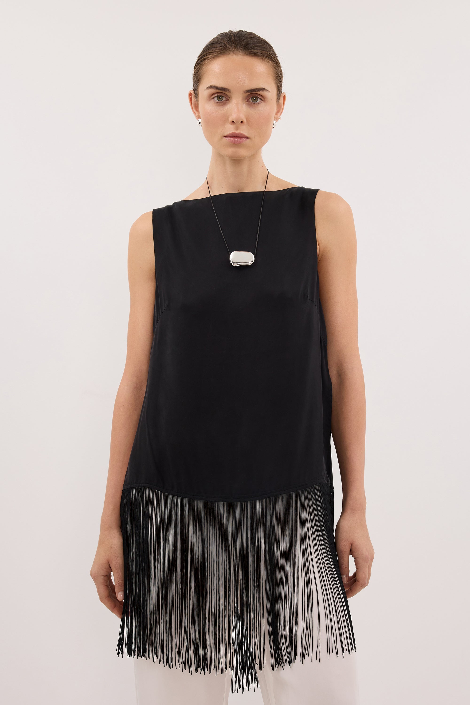 Fiora Black Cupro Fringe Top