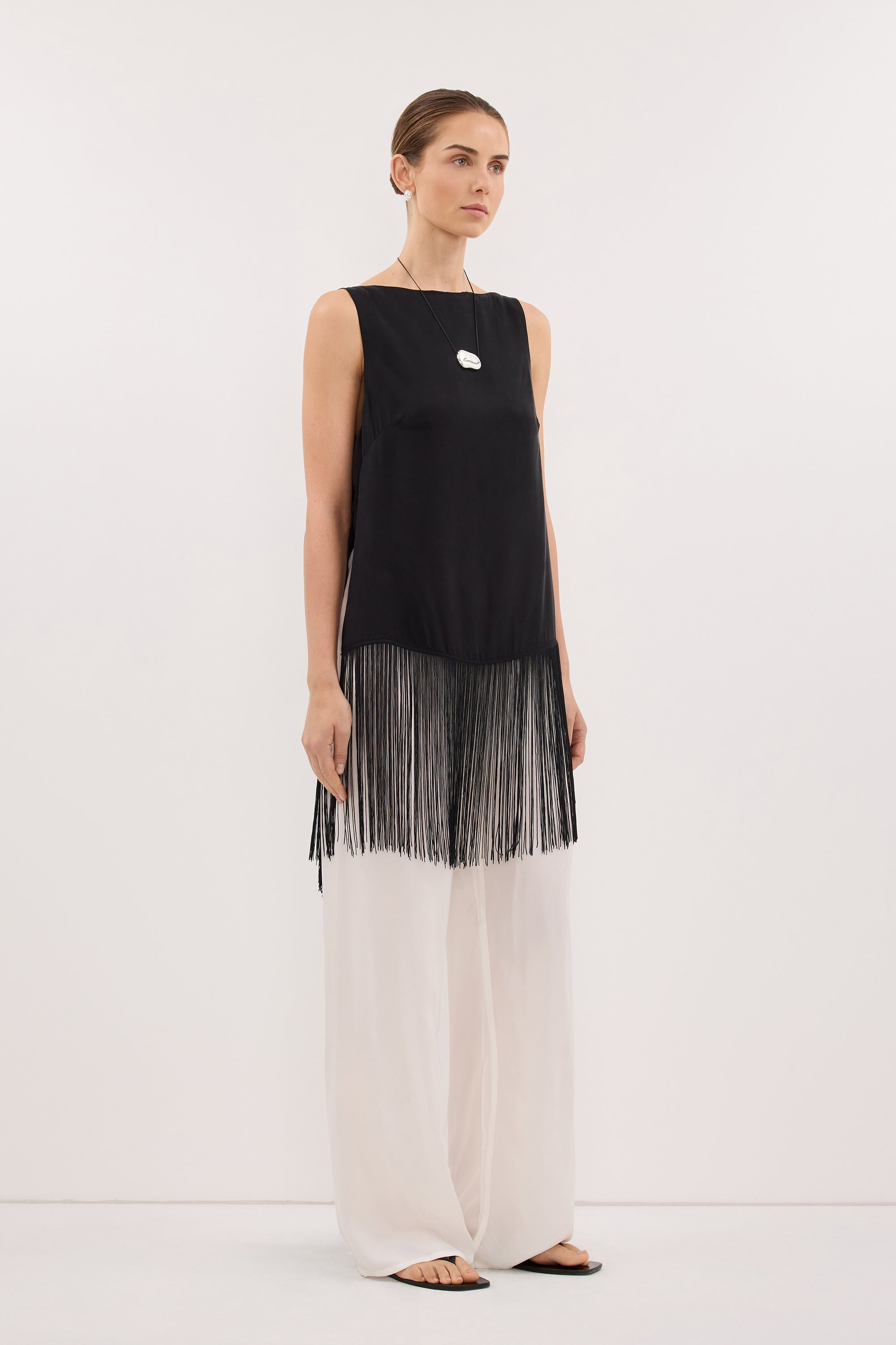 Fiora Black Cupro Fringe Top