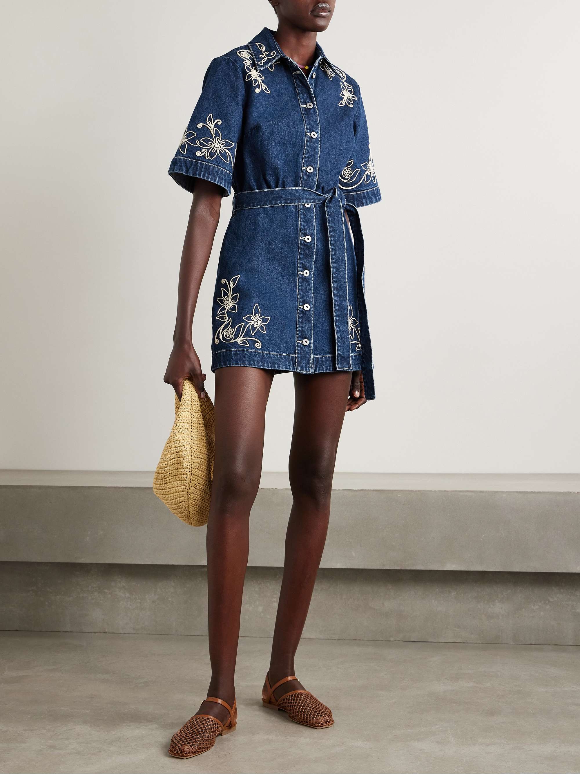 Carmen embroidered belted denim mini shirt dress