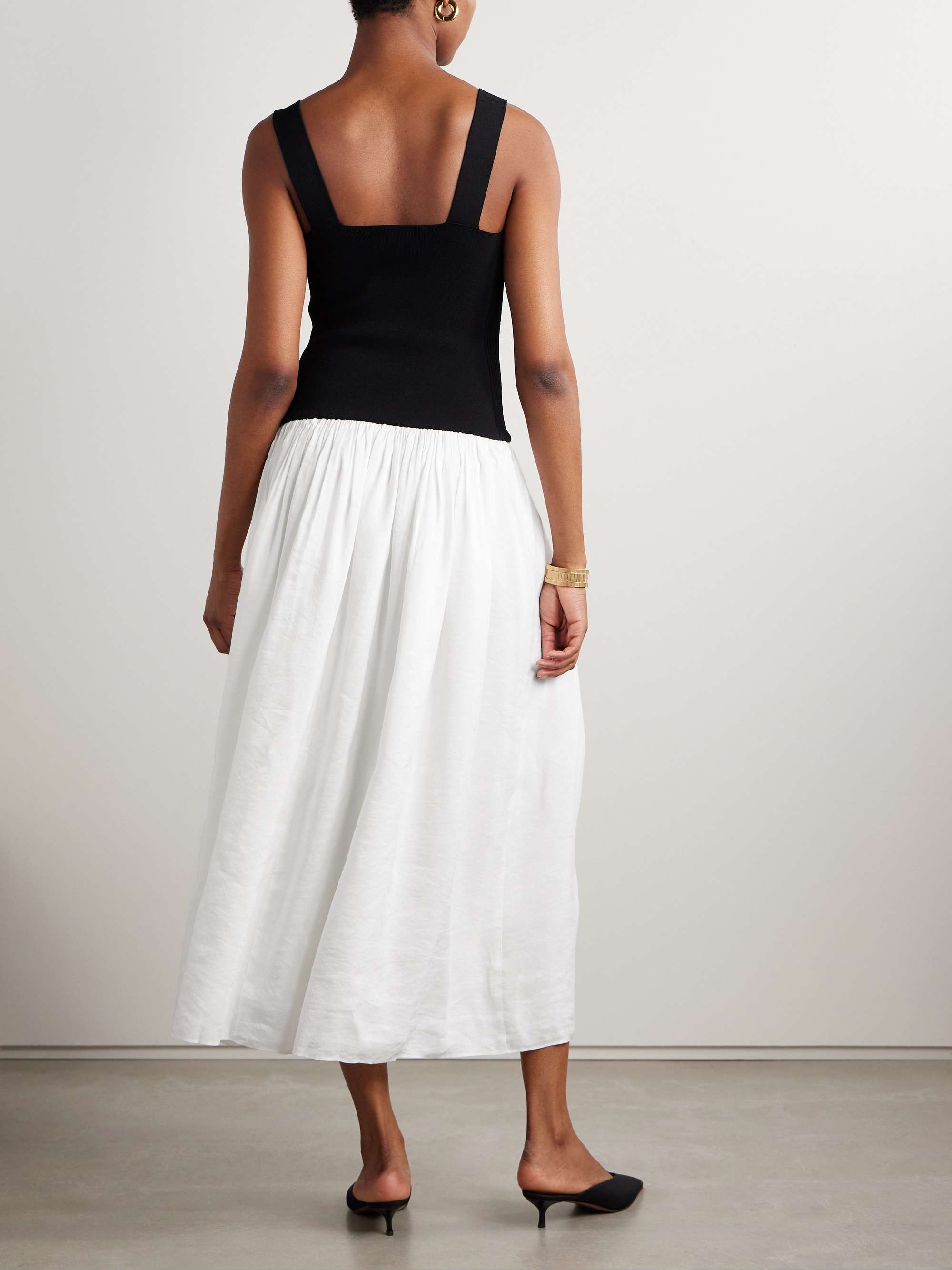 Stretch-knit and gathered linen-blend midi dress