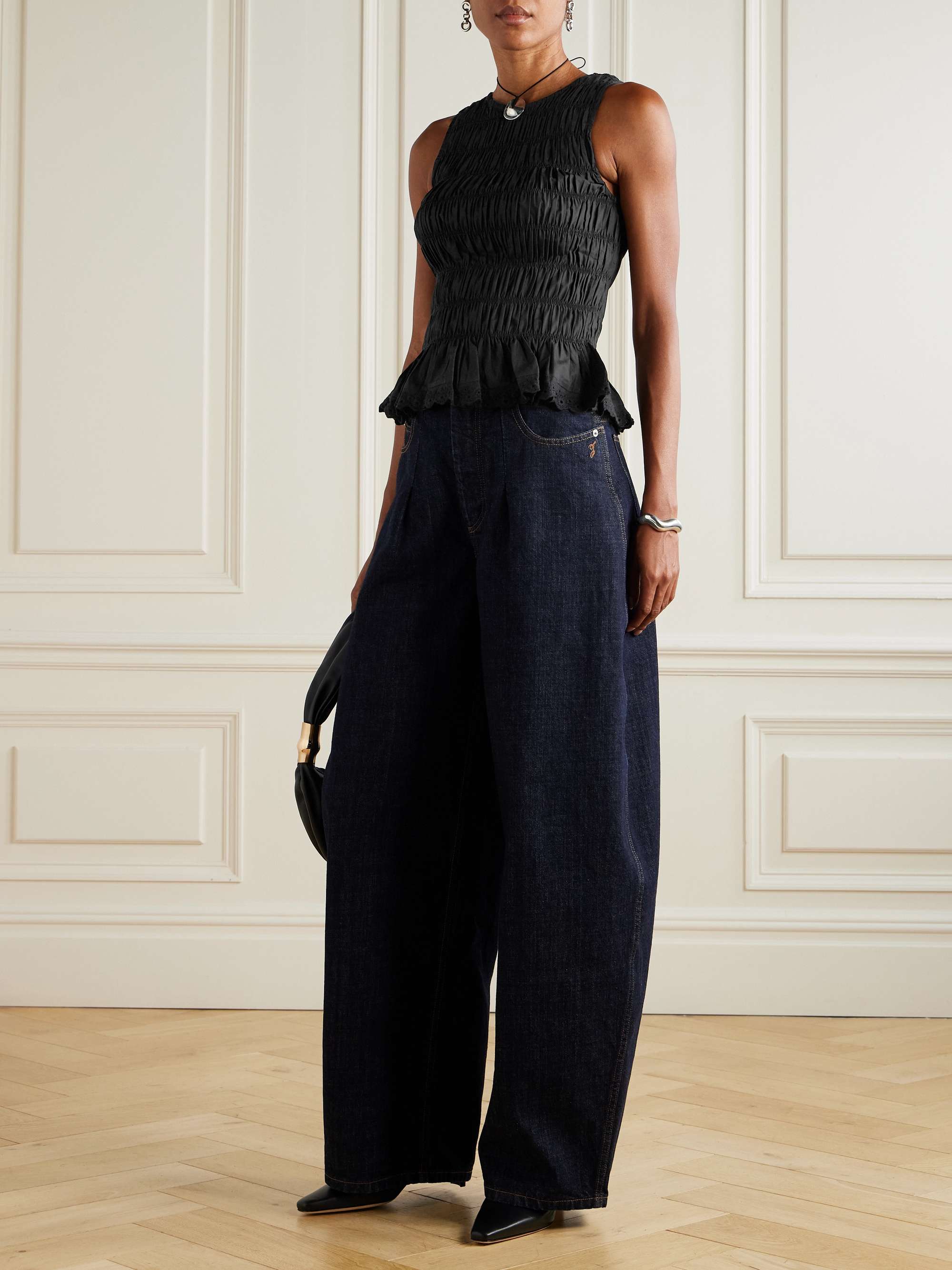 Thea shirred broderie anglaise-trimmed cotton top