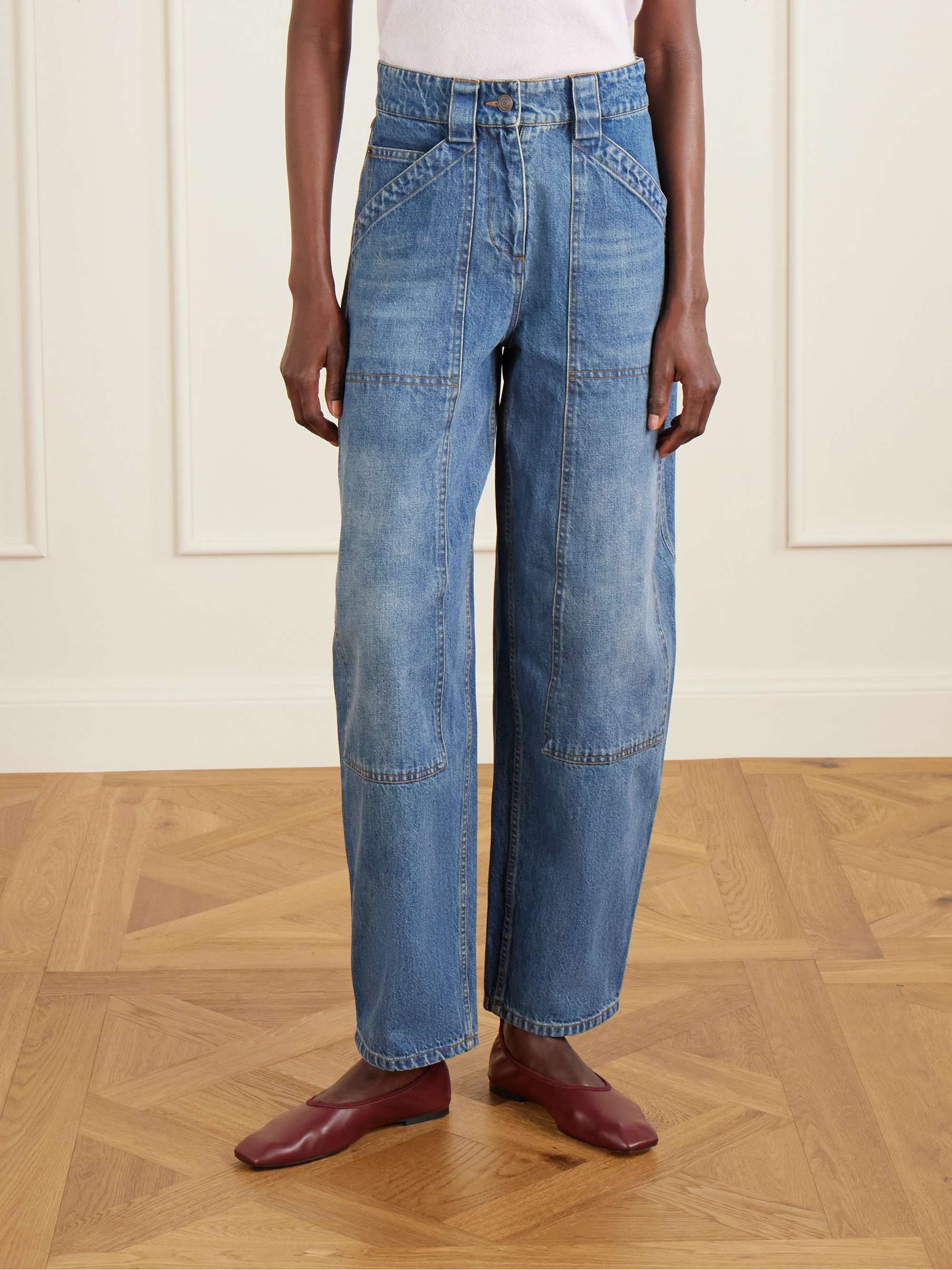 Paneled mid-rise barrel-leg jeans