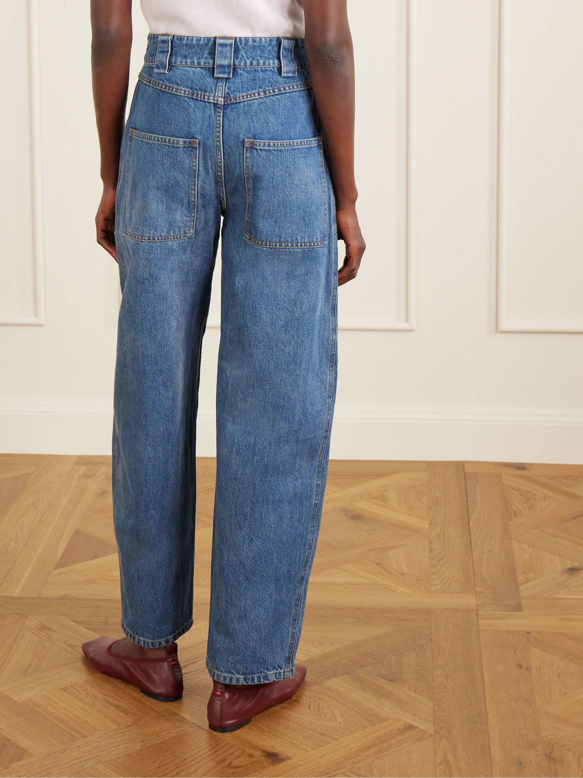 Paneled mid-rise barrel-leg jeans