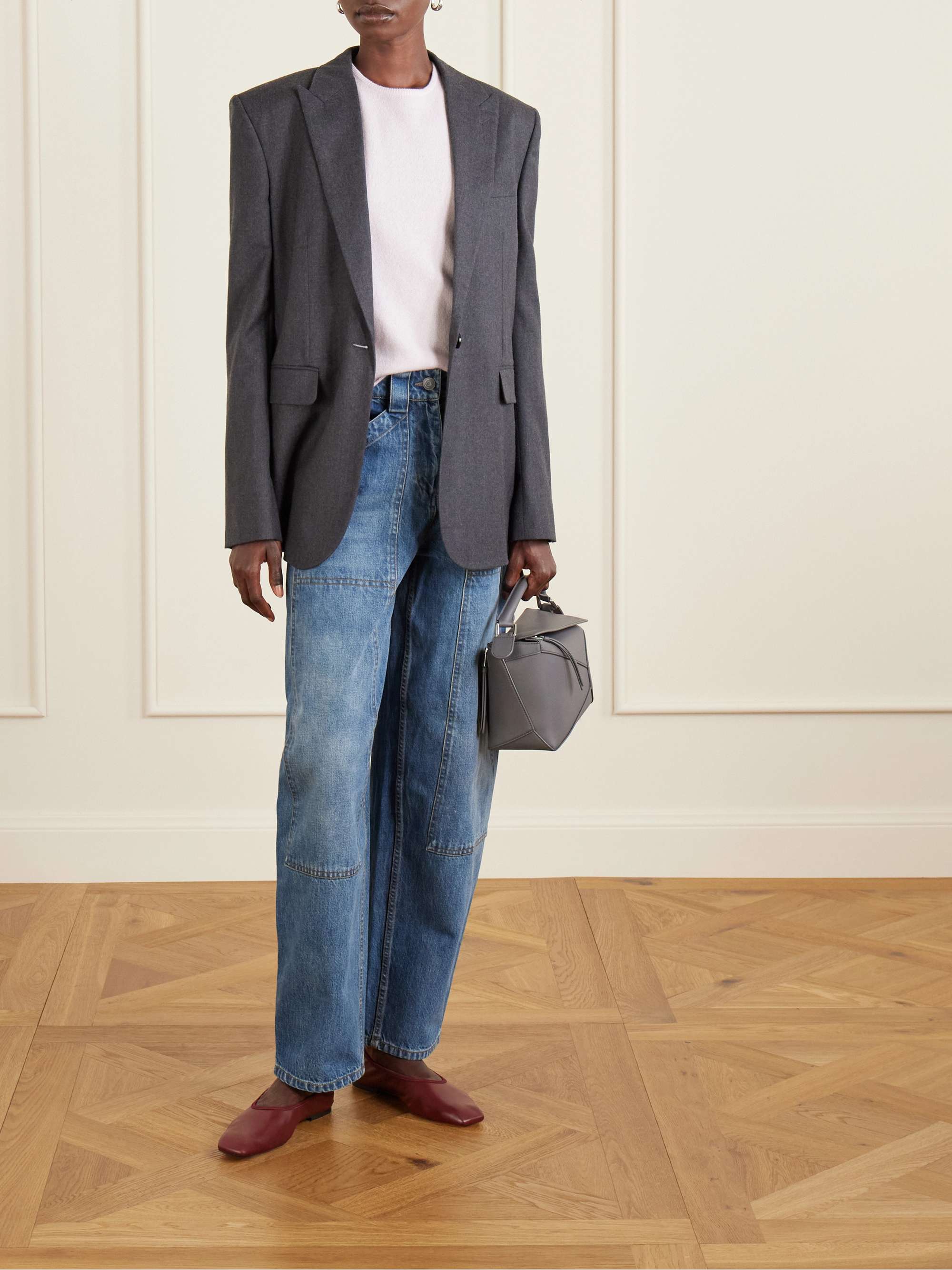 Paneled mid-rise barrel-leg jeans