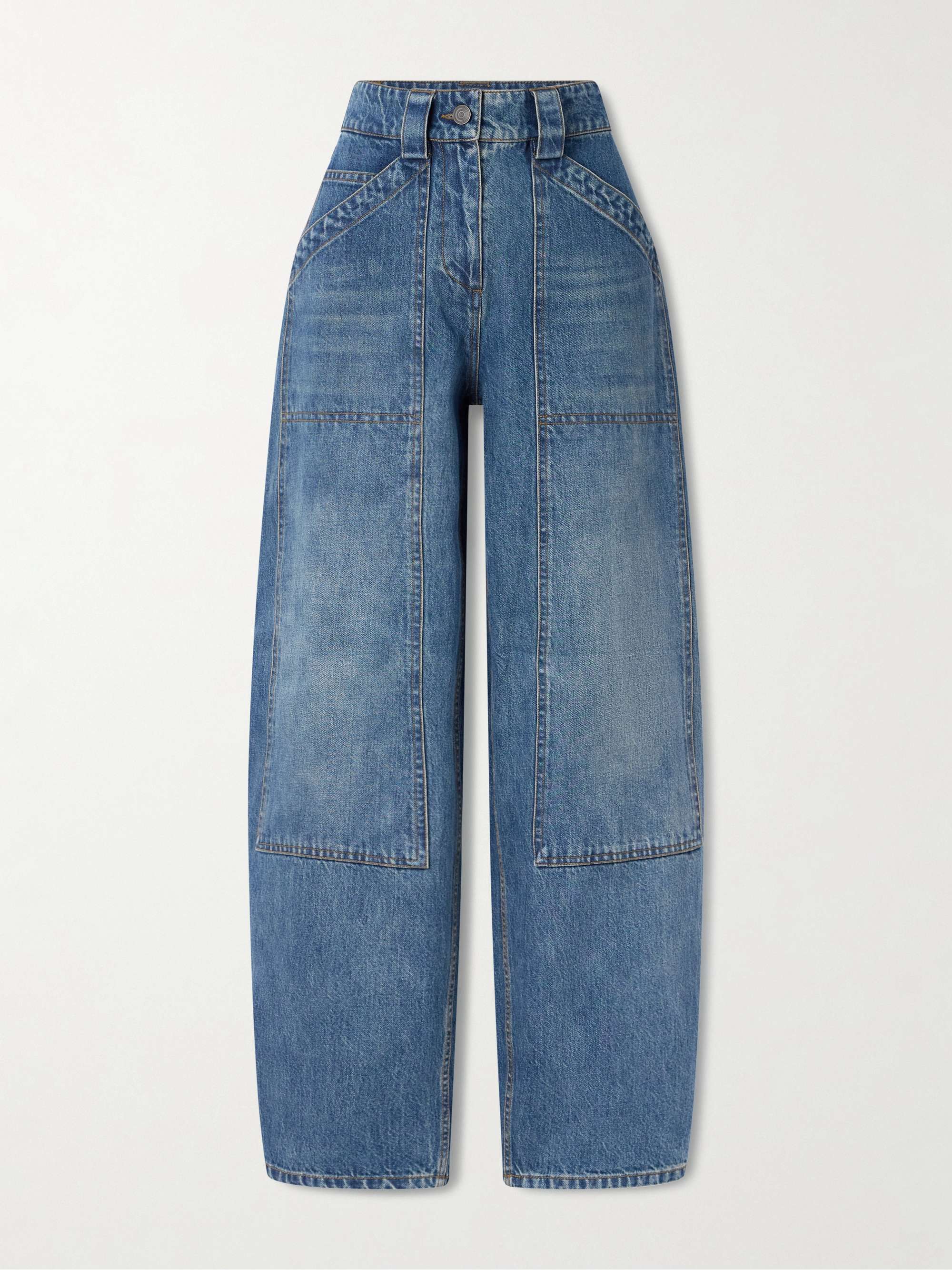 Paneled mid-rise barrel-leg jeans