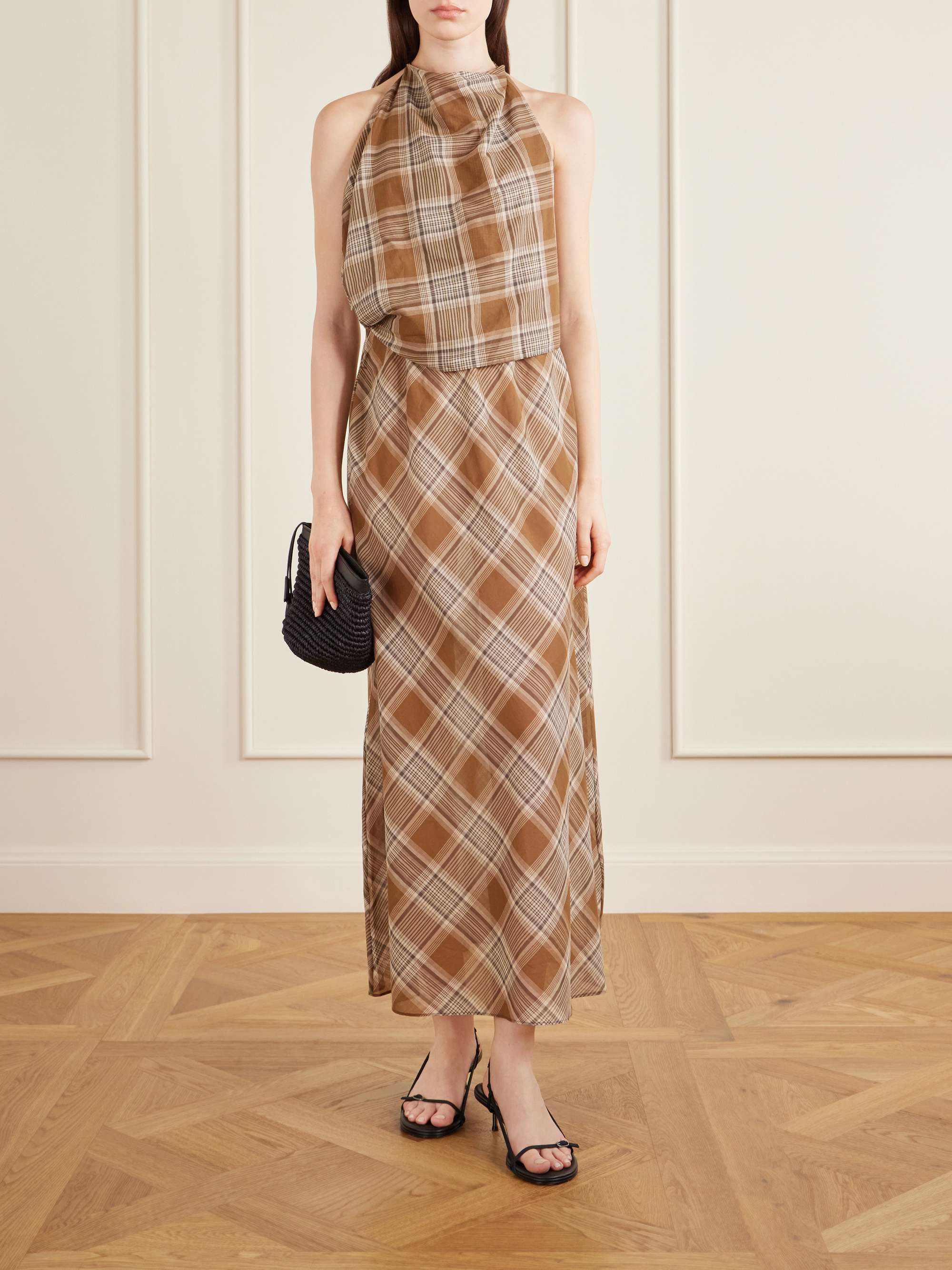 Layered checked cotton-voile midi dress