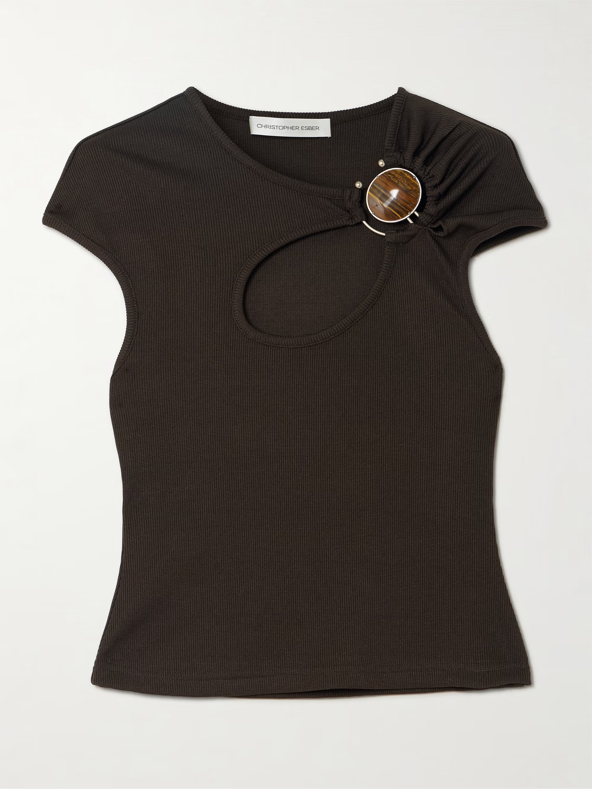 Mineral Stone Hollow cutout embellished ribbed jersey T-shirt