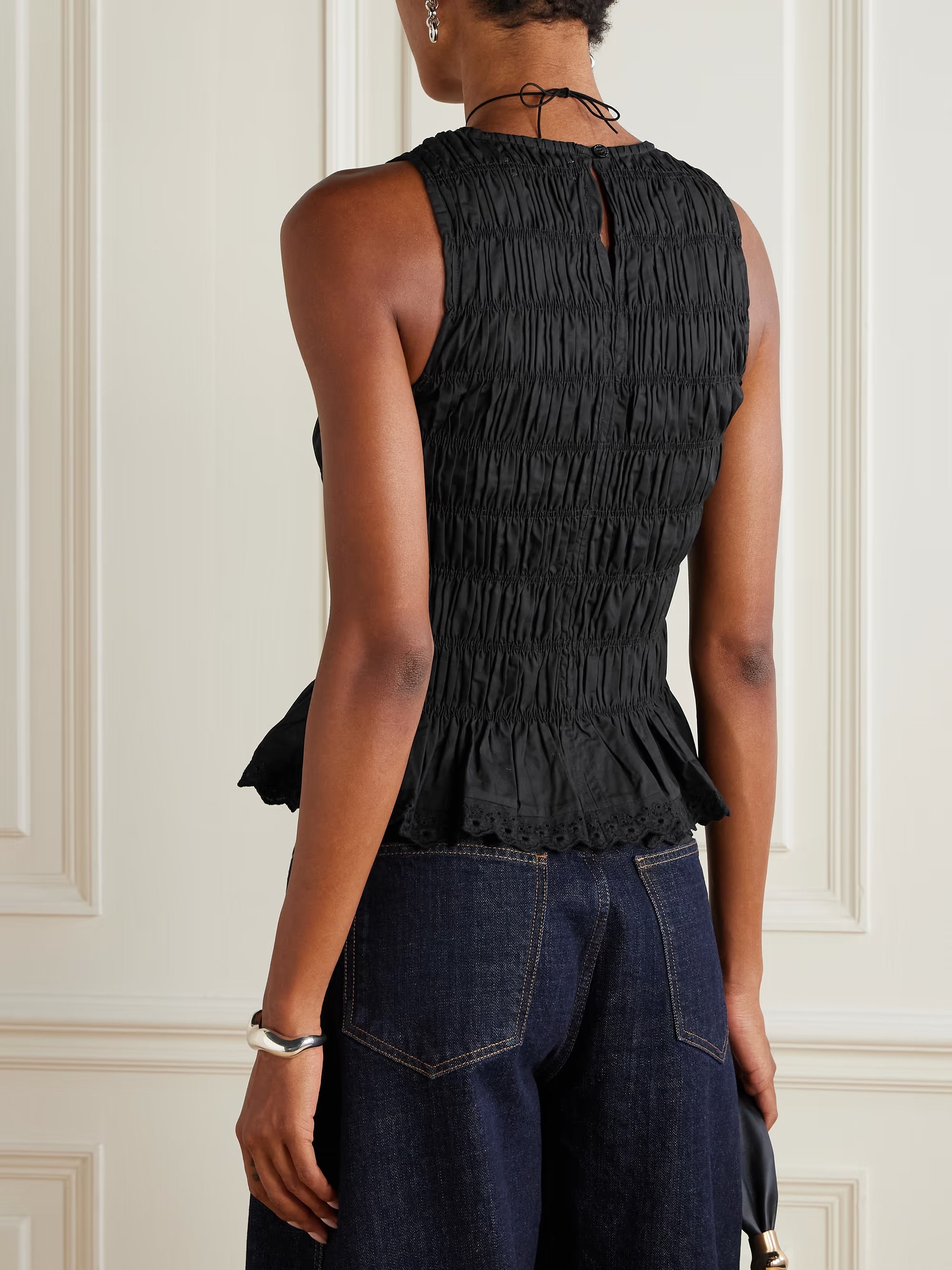 Thea shirred broderie anglaise-trimmed cotton top