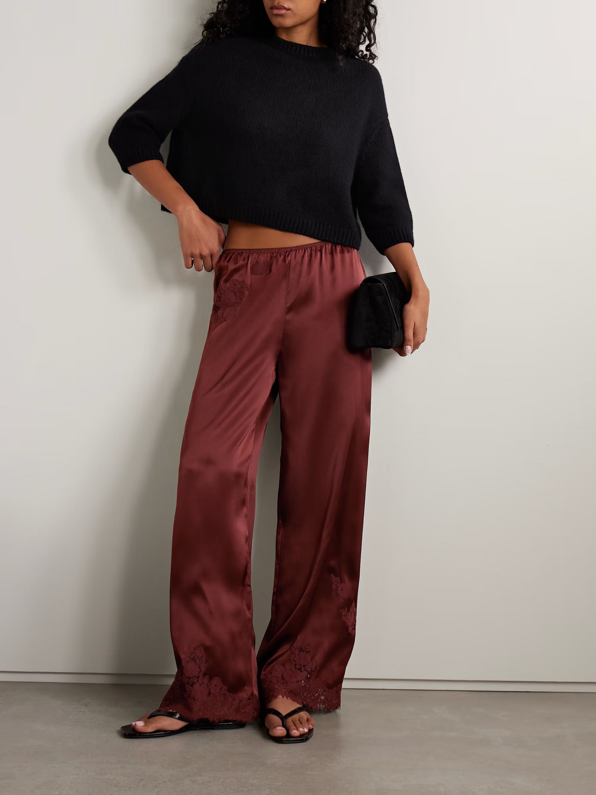 Lavon lace-trimmed silk-satin wide-leg pants