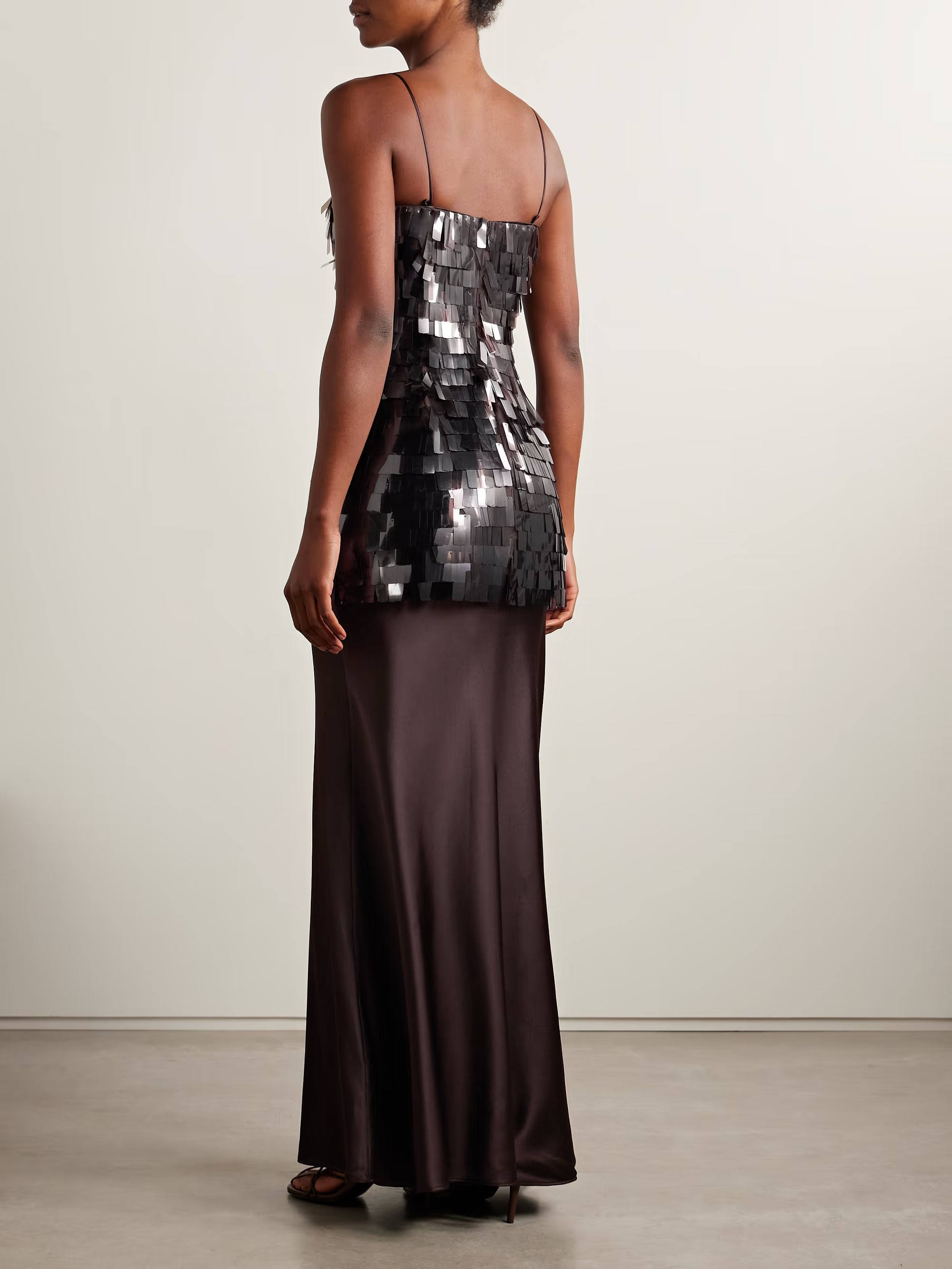 Mesa paillette-embellished mesh and silk-blend satin maxi dress