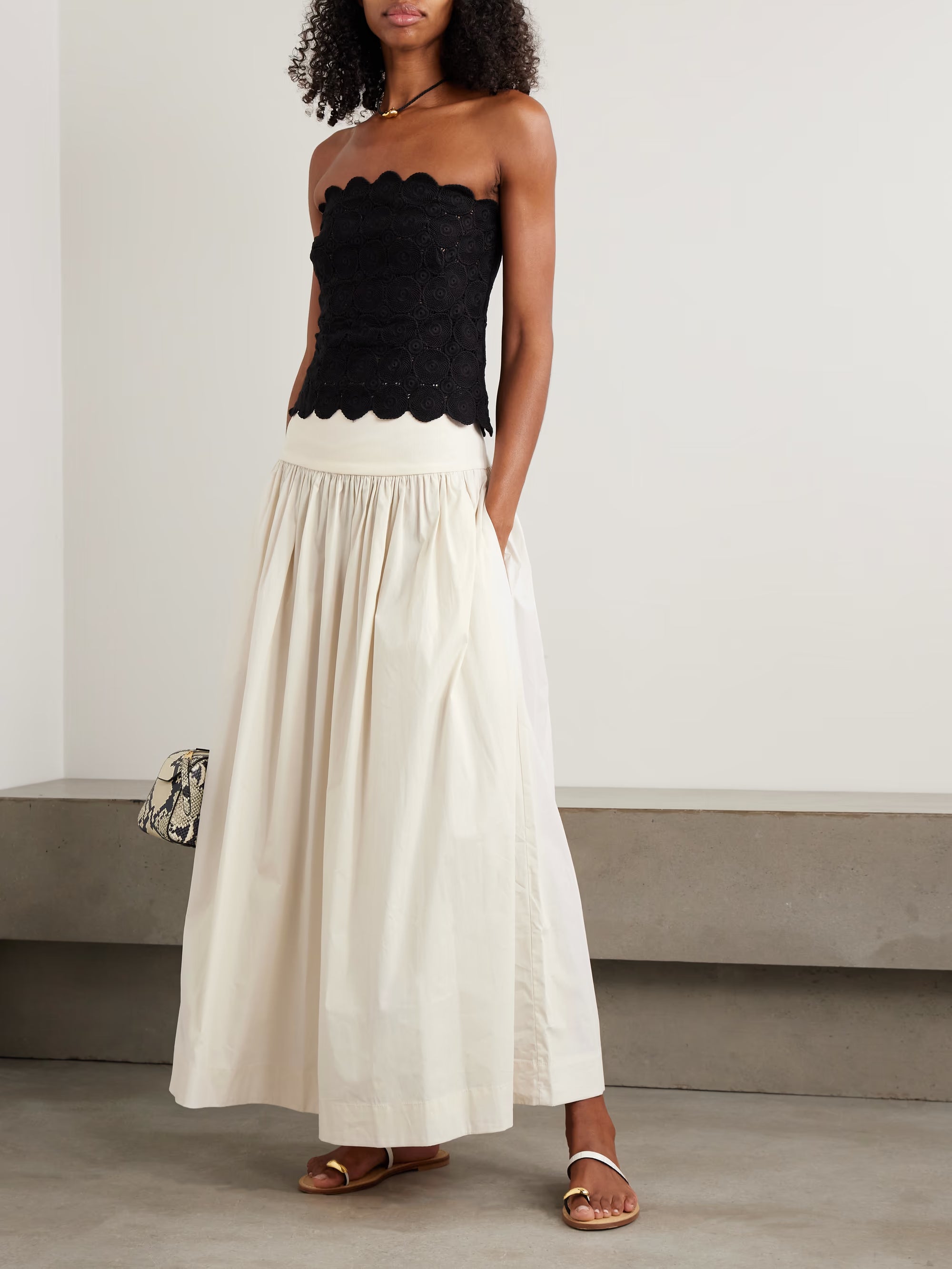 Gathered organic cotton-poplin and stretch-knit maxi skirt