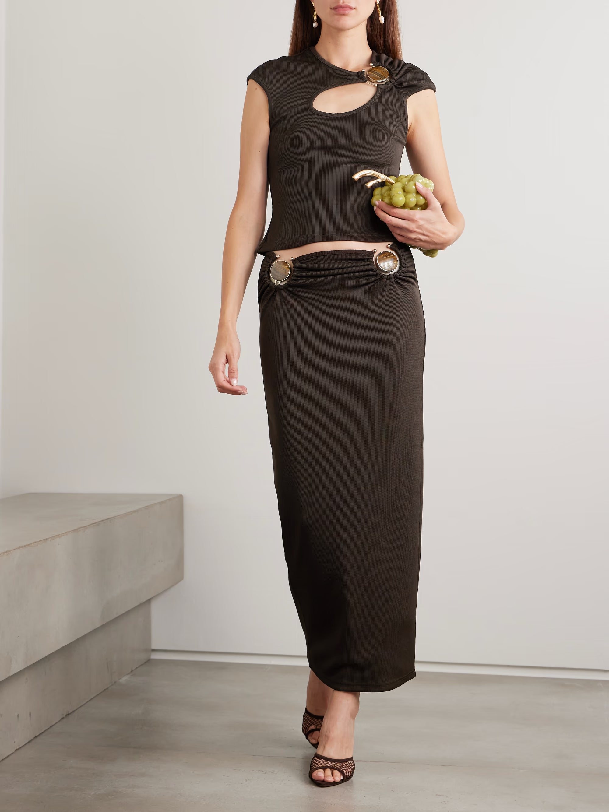 Mineral Stone Hollow cutout embellished ribbed jersey T-shirt